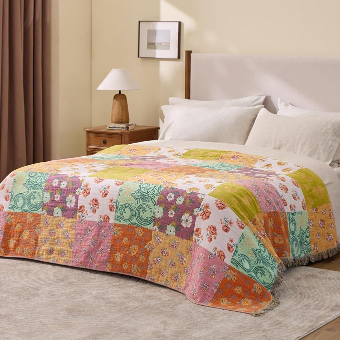 RILIHO 100% Cotton Boho Throw Blanket for Home Decor – Classic Farmhouse Quilt Bedding, Muslin Blankets for Adults, Vintage Woven Decorative Blanket for Couch, Bed Layering Use, Patchwork, 104"x90"