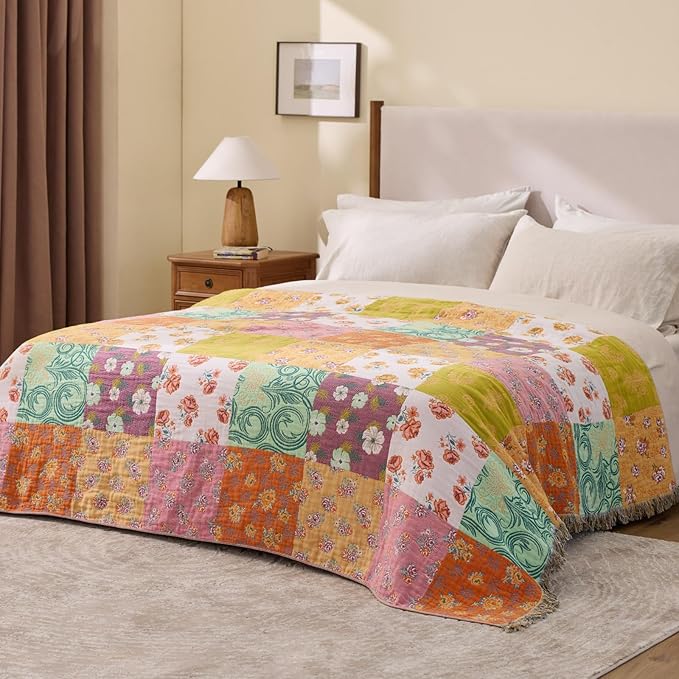 RILIHO 100% Cotton Boho Throw Blanket for Home Decor – Classic Farmhouse Quilt Bedding, Muslin Blankets for Adults, Vintage Woven Decorative Blanket for Couch, Bed Layering Use, Patchwork, 90"x90"