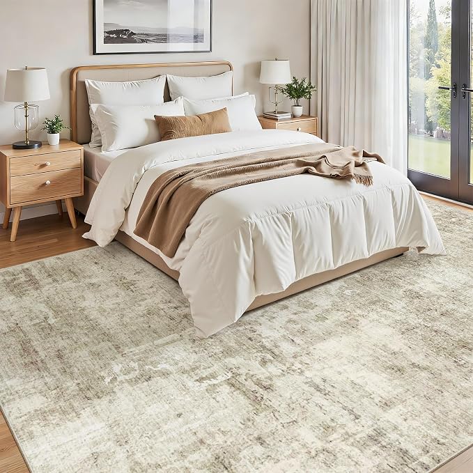 Soalmost Abstract 7x10 Area Rug for Living Room Washable Rugs Beige/Gray | Non-Slip Low-Pile Carpet for Dining Bedroom, Foldable Thin Vintage Stain Resistant Floor Mat Under Table Home Office Nursery