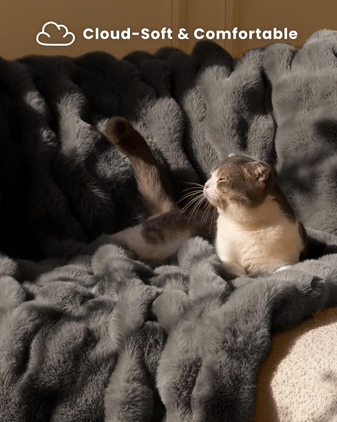 Ultra Soft Cozy Faux Fur Throw Blanket, Fuzzy Plush Thick Bubble Blanket, Oversize Luxury Fluffy Blanket for Couch, Bed, and Living Room, 60x80 Inches, Dark Grey Taupe