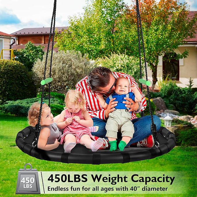 Tree Swing with PP Mat - Durable, Safe, and Easy to Install,Black Outdoor Saucer Swing,Flying Saucer Circle Swing for Yard Garden Playground Park (40 inches Diameter+Extra Straps)