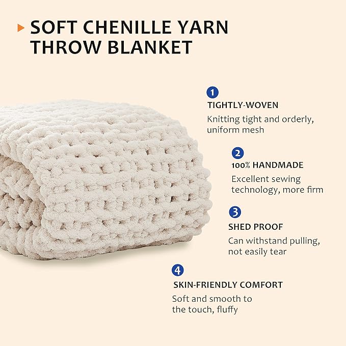 L'AGRATY Chunky Knit Throw Blanket for Couch, 72'' x 84'' Knit Throw, Ivory | Handmade Chenille Crochet Blanket for Sofa Bed, Thick Cable Knitted Blankets for Room Home Decor, Birthday Gift for Women Mom