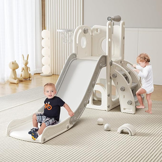 6 in 1 Toddler Slide, Indoor Outdoor Playground for Kids 1-3, Baby Slide with Basketball Hoop, Storage, Climber and Telescope,Gray White