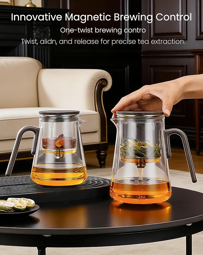 ZENS Enchanted Teapot Set, Magnetic Glass Tea Infuser Pot with 2 Cups for Loose Leaf Tea Steeper, Magic Tea Maker, Mess-Free Loose Tea Diffusers for Tea Lovers Ideal Gifts, 34oz (1000 ml)