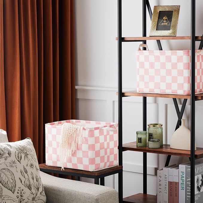 Ohocut Pink White Checkered Canvas Basket, Rectangular Organizing Decorative Storage Basket for Kids Dog Toy, Cute Aesthetic Race Cars Boy Room Decor for Home, Kitchen, Bedroom, Classroom, Shelves