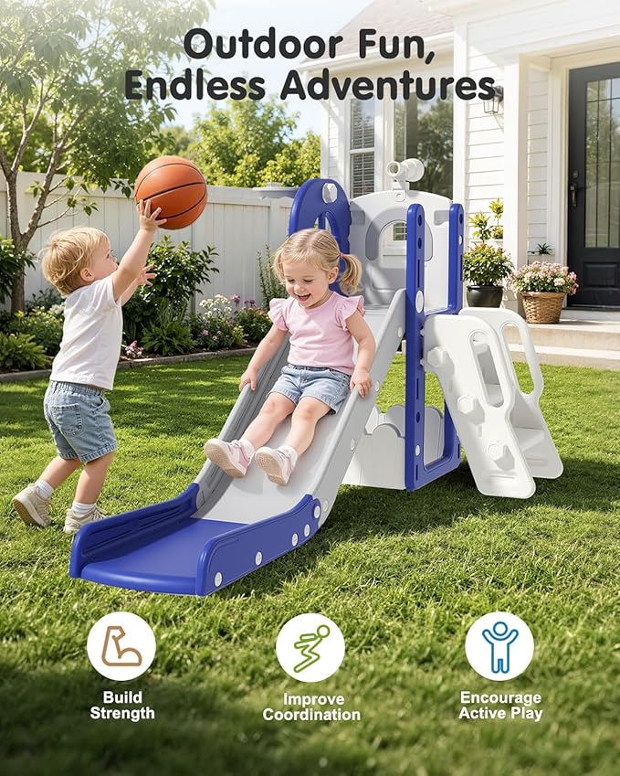 Babytronic Toddler Slide for Kids 1-3, 6-in-1 Toddler Slide Set with Basketball Hoop & Telescope, Indoor Outdoor Toddler Playset, Kids Climber Playset for Small Spaces, Indoor Playground, Blue & Gray