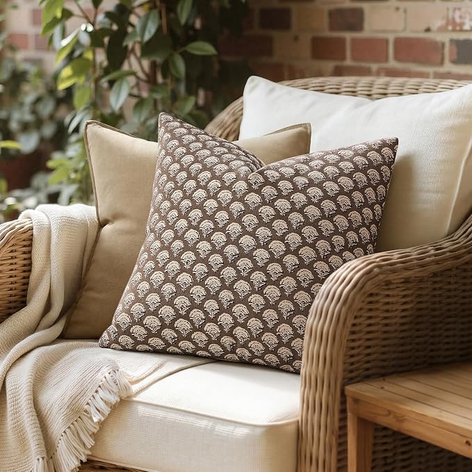 MIULEE Fall Floral Print Decorative Pillow Covers 20x20, Chocolate Brown | Vintage Boho Farmhouse Modern Home Decor, Set of 2, Block Print Cushion Covers for Couch Sofa Bed Living Room