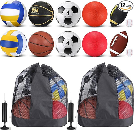Deekin 12 Pcs Assorted Sport Ball Set Official Size Basketball, Football, Volleyball, Soccer, Baseball, Playground Ball with Bag and Pump Gift for Kid Youth Adult Back to School