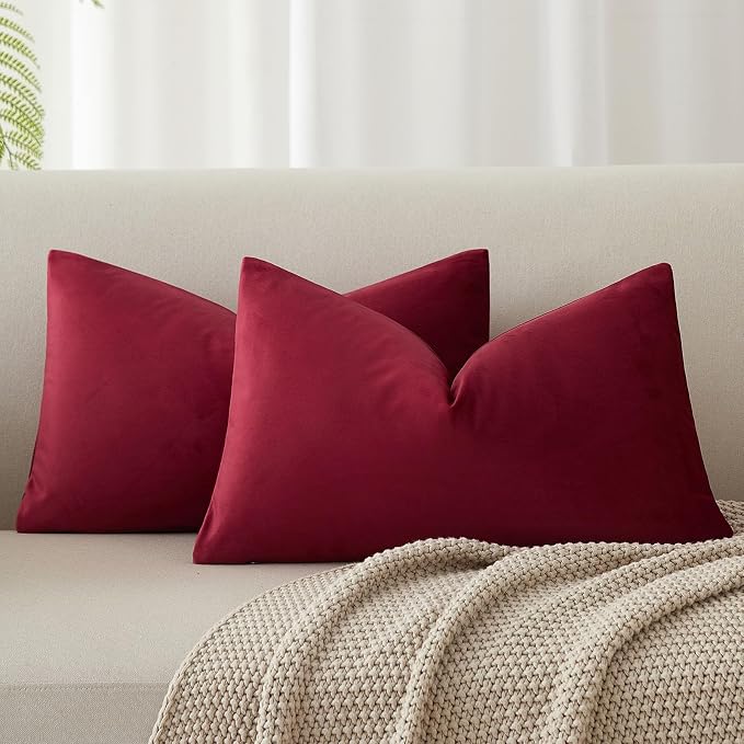 14x24 Pillow Covers Set of 2 Decorative Velvet Throw Pillow Covers,Burgundy | Luxury Red Cushion Covers with Invisible Zipper for Couch Sofa Bed Living Room Bedroom Home Decor Christmas