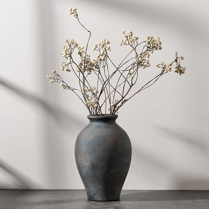 SIDUCAL Ceramic Vintage Flower Vase | 9 Inch Large Pottery Rustic Farmhouse Boho Vase for Home Decor, Table, Living Room, Bathroom, Coffee Desk, Shelf, Mantel Decoration, Wedding, Bronze