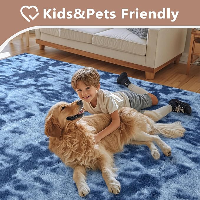 FinRèc 6x9 Washable Area Rugs for Bedroom Living Room, Low Pile Thin Ultra Soft Shag Rug, Non-Slip Carpet Indoor for Home Decor (Tie-dye Teal)