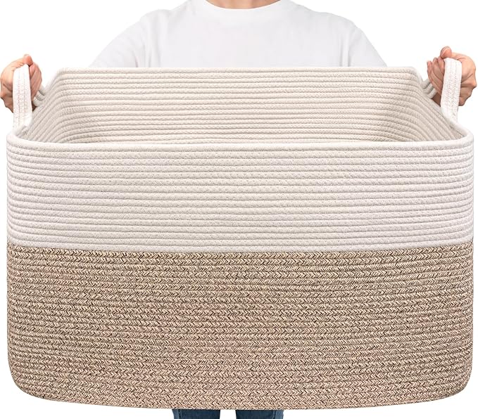 Goodpick 85L Large Woven Rope Blanket Basket, White & Light Brown | 23.6'' x 15.7'' x 13.8'' Storage Basket for Blankets, Toys & Clothes, Nursery & Bedroom Organization, Reinforced Handles