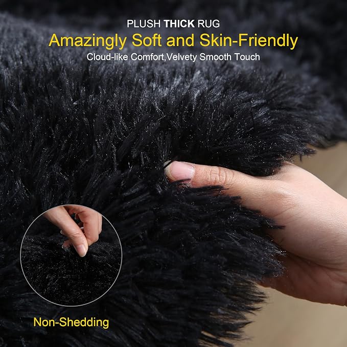 4x6 Thick Black Fluffy Shag Rug for Bedroom, Plush Washable Carpet | Area Rug for Living Room, Nursery, Dorm, Playroom, Non Slip Shaggy Floor Carpet