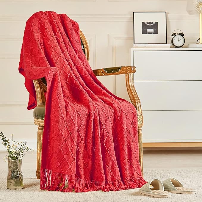 inhand Red Knitted Throw Blanket for Couch and Bed, 50"x60" | Gifts for Mom from Daughter Son, Soft Lightweight with Tassels, Farmhouse Warm Decorative Blanket for Women, Cozy Knit
