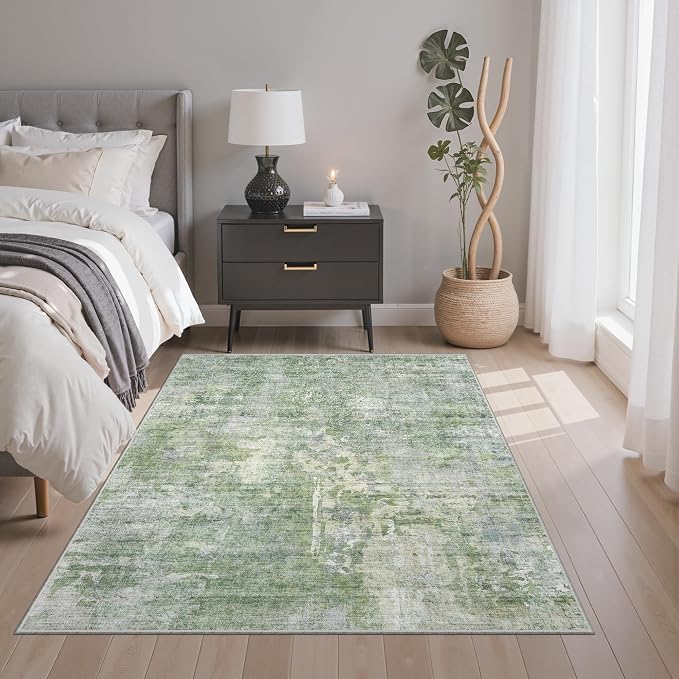 Soalmost Abstract 3x5 Rugs, Small Kitchen Entryway Area Rug Green/Ivory | Vintage Low Pile Carpet for Nursery Coffee Table Bathroom, Foldable Stain Resistant Indoor Door Mat Entrance Powder Room