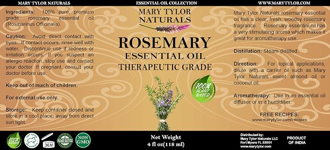 Rosemary Essential Oil (4 oz) Premium Therapeutic Grade, 100% Pure and Natural, Perfect for Aromatherapy, Diffuser, DIY by Mary Tylor Naturals