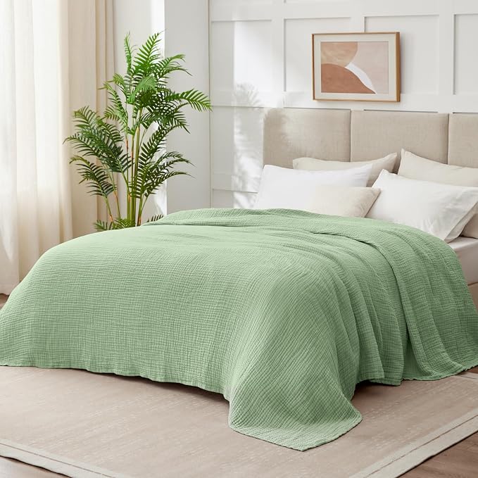 100% Cotton Muslin Blanket King 108" x 90", 6 Layers Breathable and Lightweight Cotton Throw Blanket for Bed, Soft Quilt Bedspread Coverlet, Gauze Blanket for Adults All Season, Sage Green