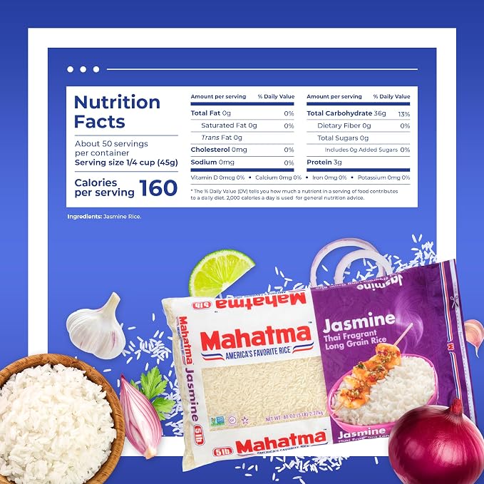 Mahatma Jasmine Rice, Fragrant Thai Rice, 5-Pound Bag | Aromatic rice for stovetop or microwave, quick and easy to cook, gluten-free, vegan, kosher, non-GMO, bulk bag