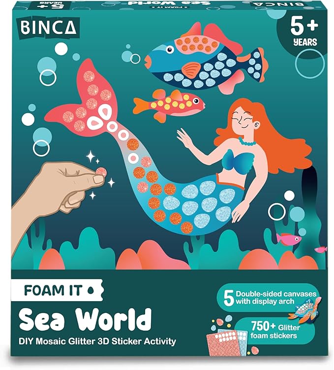 BINCA Foam Sticker Mosaic Art Activity, 750+ 3D Glitter Foam Stickers, 5 Underwater Animals with Display Arch, DIY Mess-Free Activities, Felt Craft Kits & Gifts for Boys & Girls Ages 5,6,7,8
