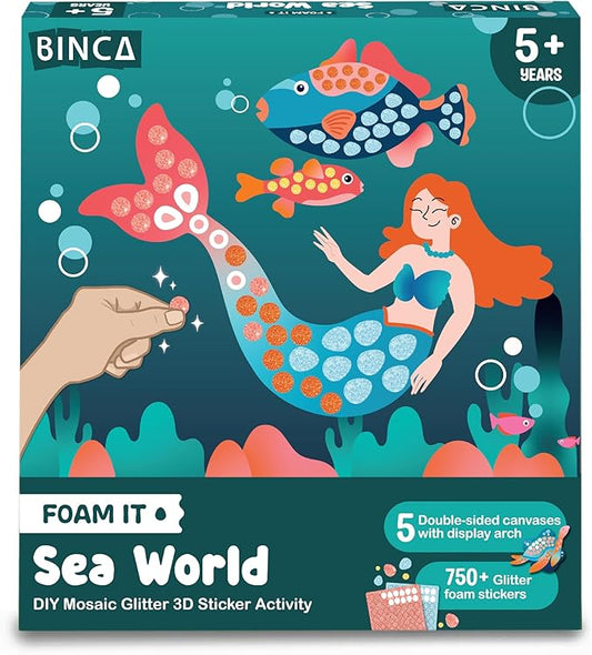 BINCA Foam Sticker Mosaic Art Activity, 750+ 3D Glitter Foam Stickers, 5 Underwater Animals with Display Arch, DIY Mess-Free Activities, Felt Craft Kits & Gifts for Boys & Girls Ages 5,6,7,8