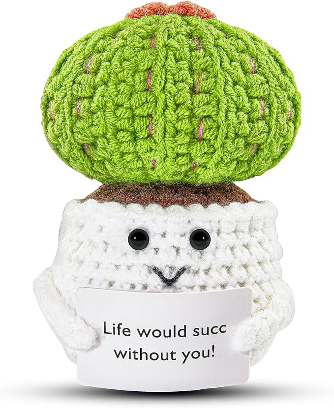 Hoedia Handmade Emotional Pickle Gift, Emotional Cucumber Crochet Doll Inspirational Gifts with Cards, Cute Knitted Funny Support Pickle Potato Friend Birthday (Positive Cactus)