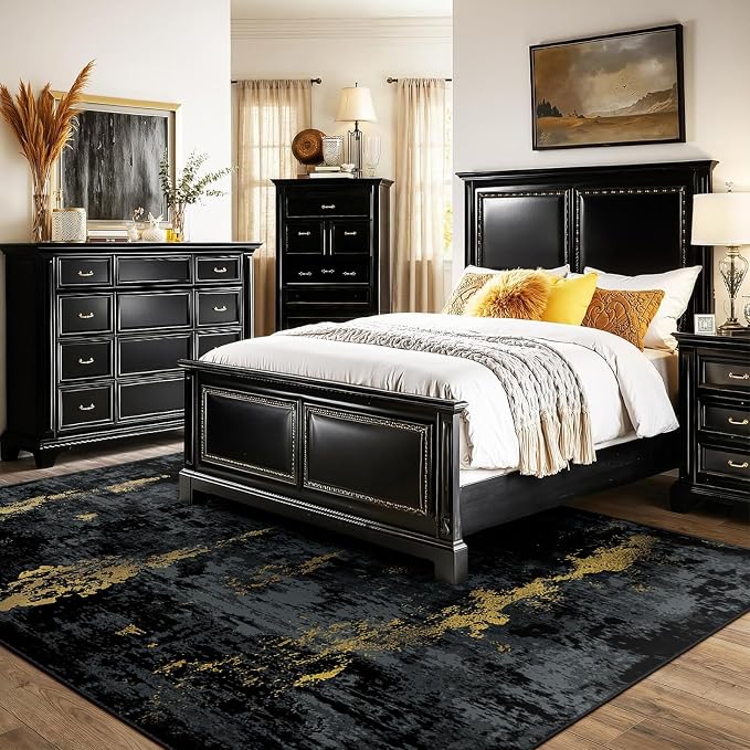 RELEANY Washable 6'x9' Abstract Area Rug for Living Room Black Gold | carpet for bedroom, kitchen, office, hallway and entryway, printed pattern, non-slip, soft, stain-resistant, easy to clean