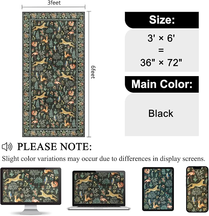 DUKINO 3x6 Kitchen Runner Rug, Washable Animal Rug for Hallway, Black | Non Slip, Low Pile, Soft Indoor Carpet for Entryway, Bedroom, Bathroom, Laundry, Lightweight, Pet Friendly, Stain Resistant