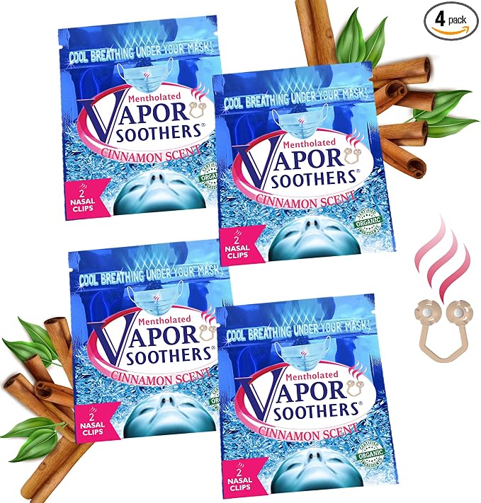 Nose Clips for Bad Smell by Vapor Soothers | Nasal Dilators for Breathing | Smell Nose Rings for Nurses | Instant Nasal Congestion Relief, Drug-Free | Cinnamon Scent - 4 Pouches, 8ct