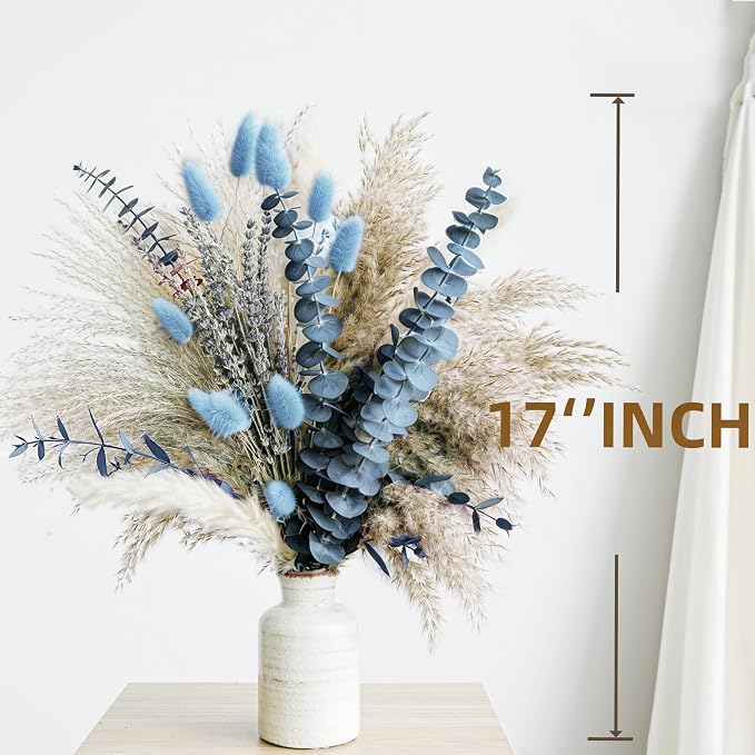 Dusty Blue Dried Flower Bouquet with Pampas Grass, Bunny Tails, Lavender and Eucalyptus, Beige Boho Floral Arrangement for Vase, Wedding Centerpiece, Bedroom and Coastal Home Decor