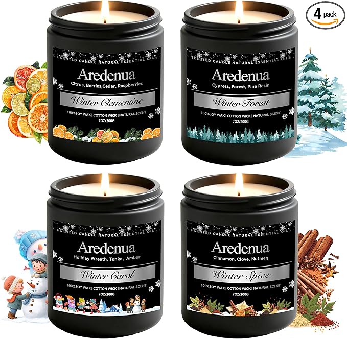 Winter Candles Set – 4 Pack Holiday Scented Candles, 28oz Soy Candle for Home Scented, Cozy Scents of Winter Carol/Spice/Clementine/Forest - Holiday Candle Gifts for Women Men