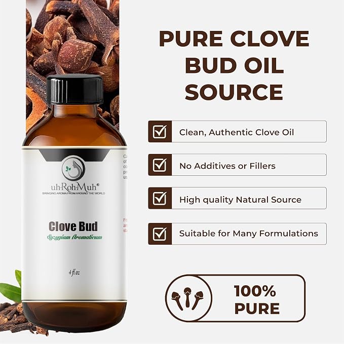 Clove Bud Essential Oil - Steam Distilled 100% Pure Eugenia Caryophyllus Clove Oil for Diffuser, Aromatherapy, Massage, DIY Skincare Hair Care, Warm Spicy Fragrance Natural - Indonesia - 4 FL Oz