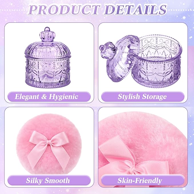 Body Powder Puff and Container, Crystal Container with Soft Dust Powder Puff Washable Reusable Face Body Glitter Wet Dry Makeup for Women Gift(Purple, Pink Crown)