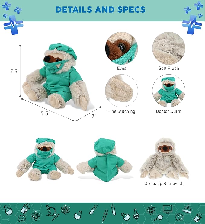 DolliBu Sloth Doctor Plush Toy - Super Soft Sloth Doctor Stuffed Animal Dress Up with Cute Scrub Uniform and Cap Outfit - Fluffy Doctor Toy Plush Gift - 7.5 Inches
