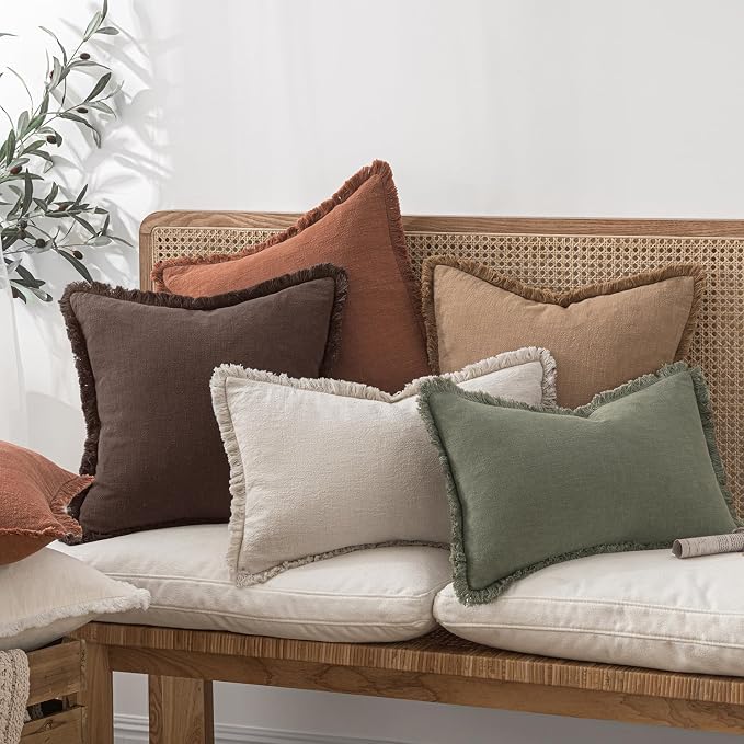 MIULEE Linen Fringe Decorative Fall Euro Pillow Covers Dark Brown 22x22 | Set of 2, Cottagecore Decor, Boho Farmhouse Neutral Throw Pillow Covers, Rustic Fall Couch Cushions for Sofa Bed Living Room