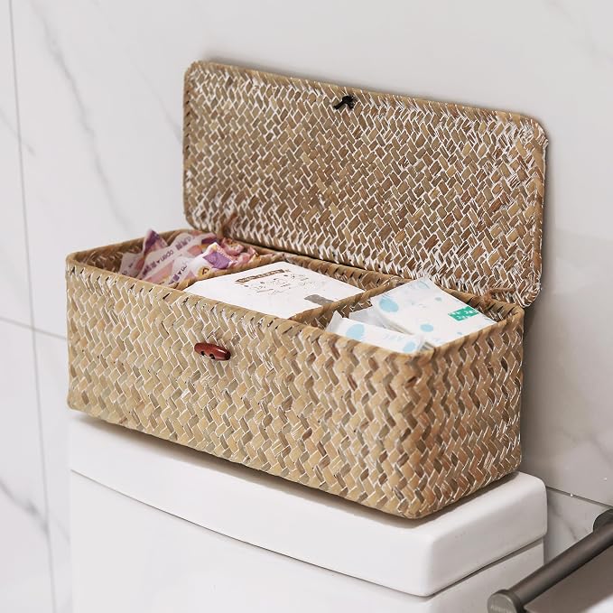 Seagrass Storage Basket with Lid Rectangular Small Woven Shelf Baskets with Sections for Organize Snack Toys Whitewash