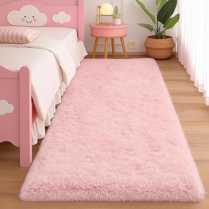 Amdrebio Pink Shag Plush Runner Area Rug 2x6 for Girls Bedroom Kids Room | Fluffy Fuzzy Furry Shaggy Carpet, Nursery Classroom Preppy Dorm Playroom Decor, Cute Princess Aesthetic, Baby Toddler Corner