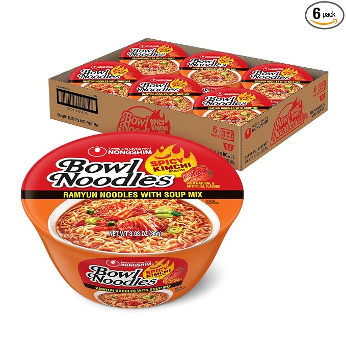 Nongshim Ramen Noodles, Gourmet Instant Ramen bowl, Premium Microwavable Noodle Soup, Kimchi, 3.03 Ounce (Pack of 6)