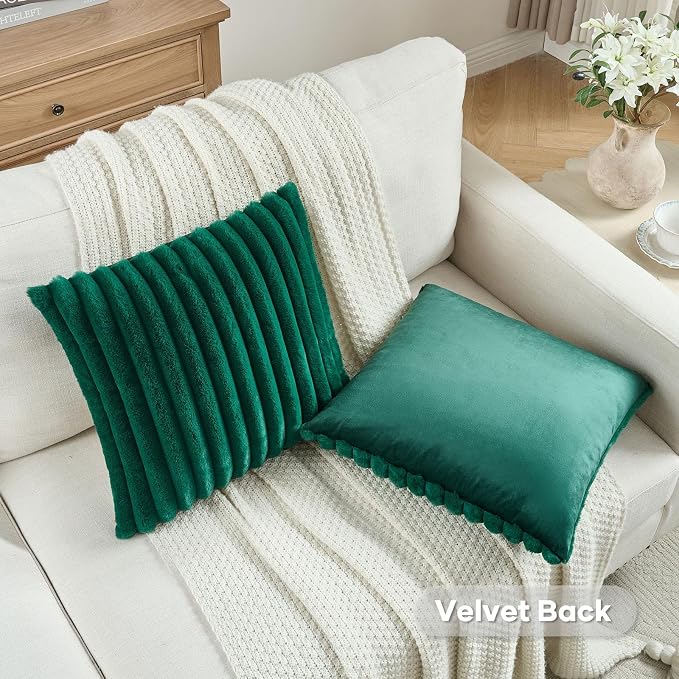 FUTEI Pack of 2 Faux Fur Throw Pillow Covers 28x28 Inch, Emerald Green | Fluffy Faux Rabbit Fur Front/Premium Velvet Back,Hidden Zipper,Machine Washable,Non-Shedding,Colorfast,Insert Not Included.