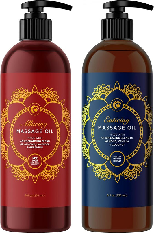 Alluring Lavender & Luxurious Vanilla Massage Oil Set - Aromatherapy Full Body Massage Oil Bundle with Naturally Scented Vegan Non GMO & Gluten Free Ingredients (8 Fl Oz Each)