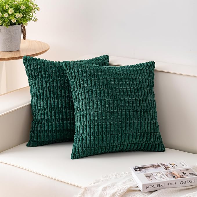 Pack of 2 Corduroy Decorative Throw Pillow Covers 20x20 Inch, Dark Green | Fall Soft Striped Pillow Covers Modern Farmhouse Home Decor Christmas Throw Pillow Covers for Sofa Living Room Couch Bed
