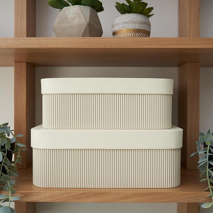 ZICOTO Decorative Storage Boxes with Lids - Set of 2 Beautiful Fluted Photo Organizer Bins for Your Home Bookshelf Decor to Safely Store Your Documents, Memory Box Items and Other Keepsakes in Style