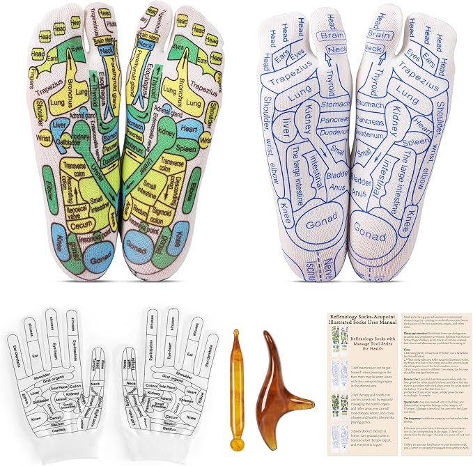Reflexology Socks Set with Gloves Tools, 2 Pairs Chiro Acupressure Acupuncture Trigger Point Foot Hands Pain Relief Remedy Acupoint Massage Birthday Gifts for Men C