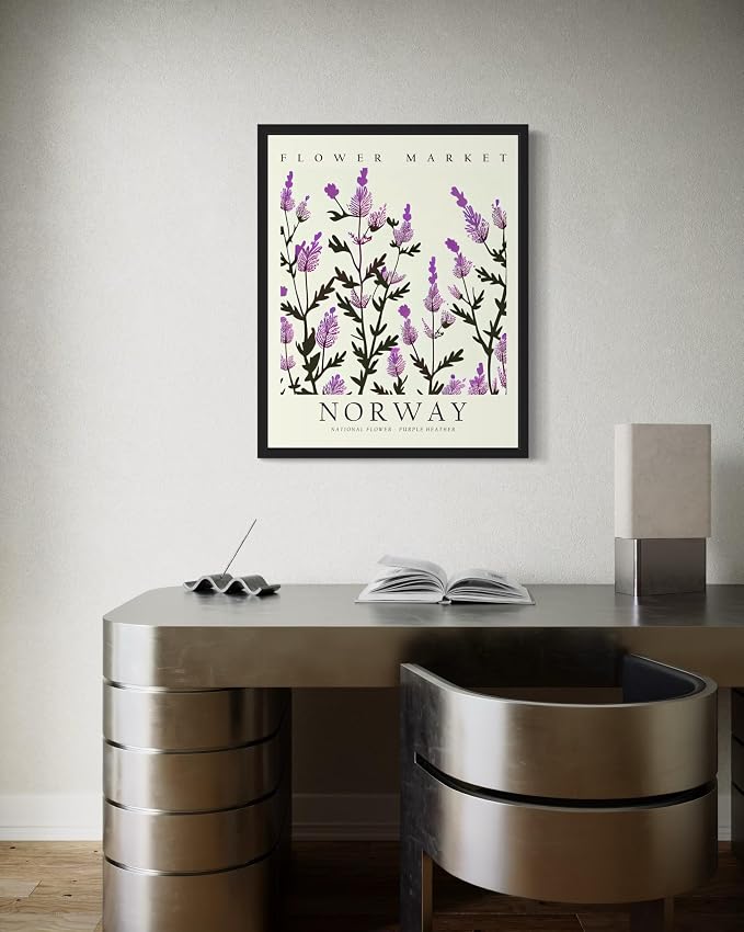 Norway Flower Market Art Print Poster, Wall Art Floral Painting Botanical Decor for Bedroom, Kitchen, Bathroom Livingroom Decoration 82B (Norway, 20"L x 16"W, Black Frame)