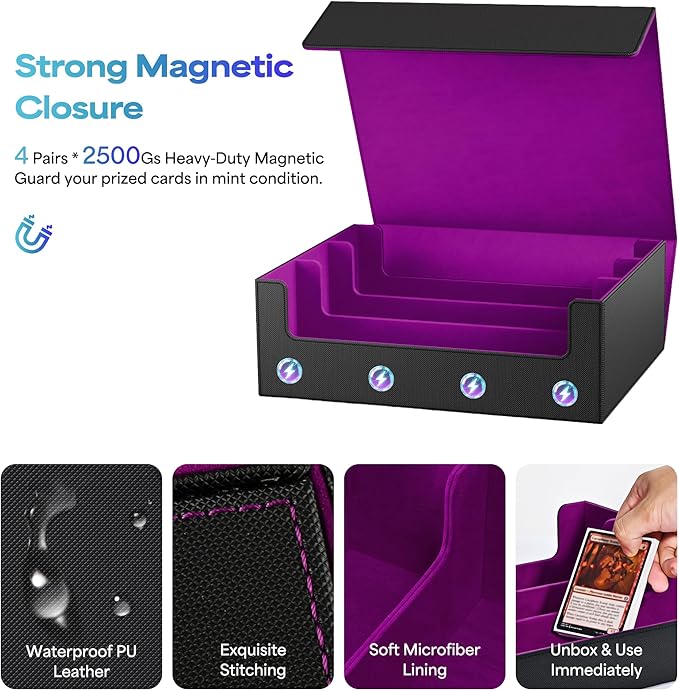 UAONO Trading Card Storage Box, Holds 1800 Sleeved Cards with 10 Dividers & 3 Stoppers, Magnetic Closure PU Leather Card Case for MTG, PTCG, YGO, Sports Cards (Black&Purple)