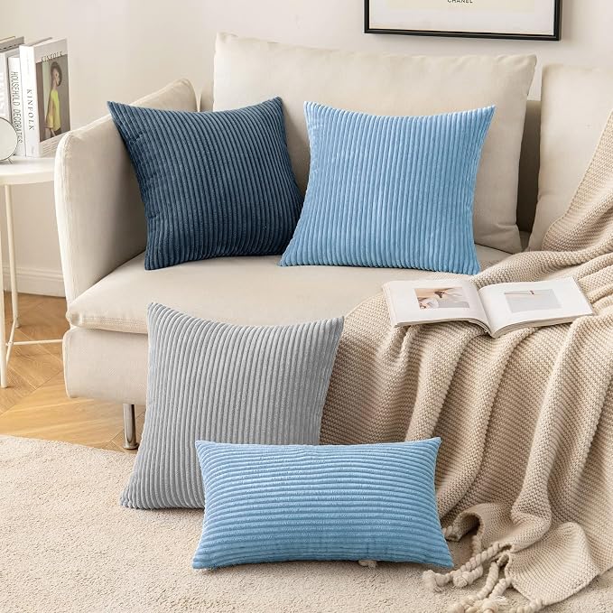 MIULEE Decorative Corduroy Throw Pillow Covers Set of 2 18x18 Light Blue | Soft Striped Textured Cushion Cases, Boho Energetic Vibe Pillowcases for Home Decor, for Couch Chair Sofa Bed Living Room