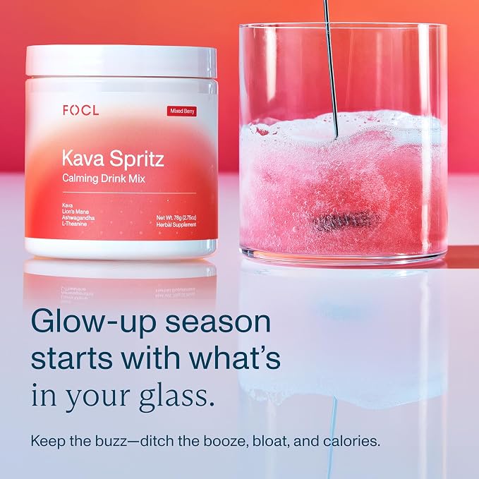 FOCL Instant Kava Drink Mix - Refreshing Non-Alcoholic Calming Powdered Drink with Kava Extract, Lion’s Mane, Ashwagandha, L-Theanine - Sugar Free, Non-GMO - Mixed Berry Flavor -30 Servings