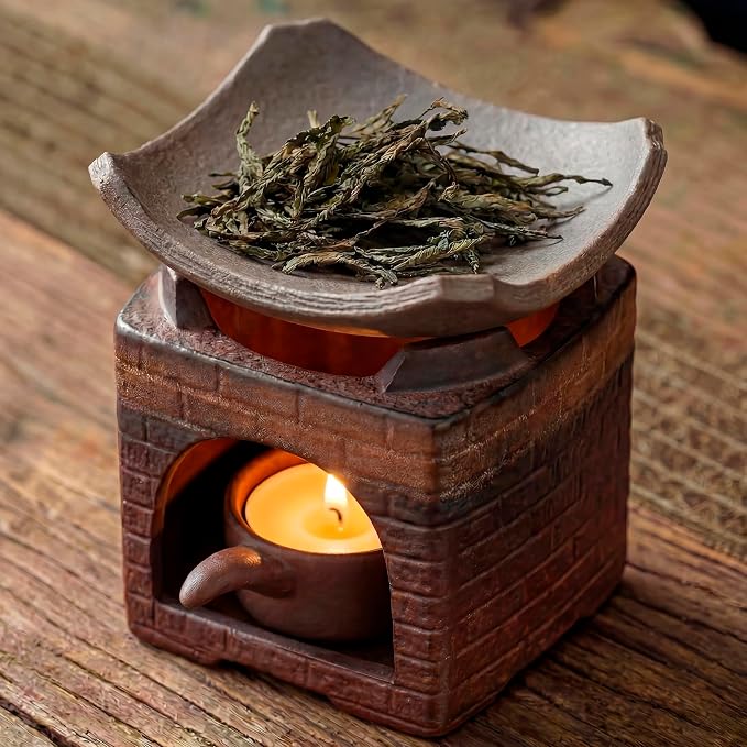 Ceramic Essential Oil Diffuser and Wax Melt Warmer, Aromatherapy Candle Stove Teapot Warmer, Handmade Zen Decor Incense Burner Palo Santo Holder for Home Fragrance Room (Brick Square)