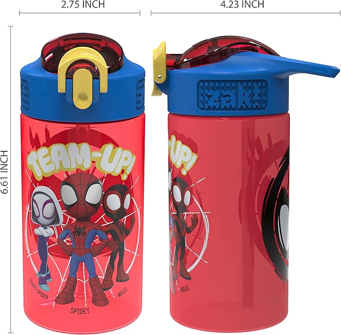 Zak Designs Marvel Spider-Man Kids Water Bottle with Spout Cover and Carrying Loop, Durable Plastic, Leak-Proof Water Bottle Design for Travel (16 oz, 2-Pack, Spidey and His Amazing Friends)