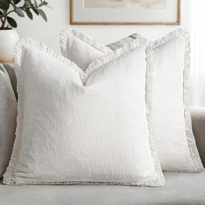MIULEE Boho Linen Fringe Decorative Euro Throw Pillow Covers White 22x22 | Set of 2, Cottagecore Decor, Boho Farmhouse Neutral Pillow Covers, Rustic Couch Cushion Cases for Sofa Bed Living Room