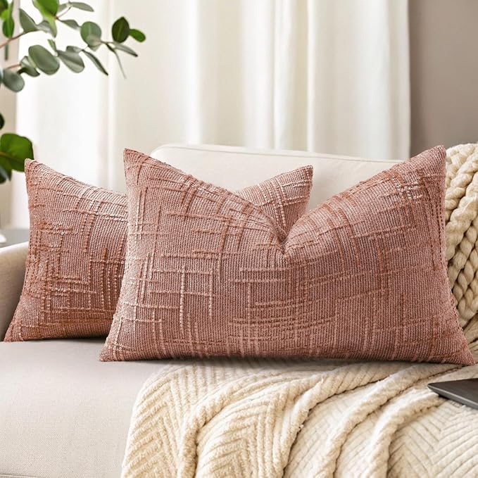 decorUhome Textured Chenille Throw Pillow Covers 12x20 Set of 2 Pink | Fall Modern Farmhouse Soft Cozy Slubby Couch Pillow Cases Boho Decorative Pillow Cases for Bed Sofa Living Room Home Decor